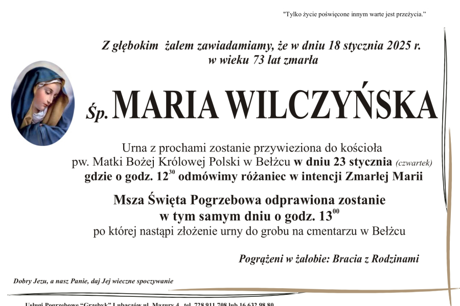 Zmarła Maria Wilczyńska [73 lata]
